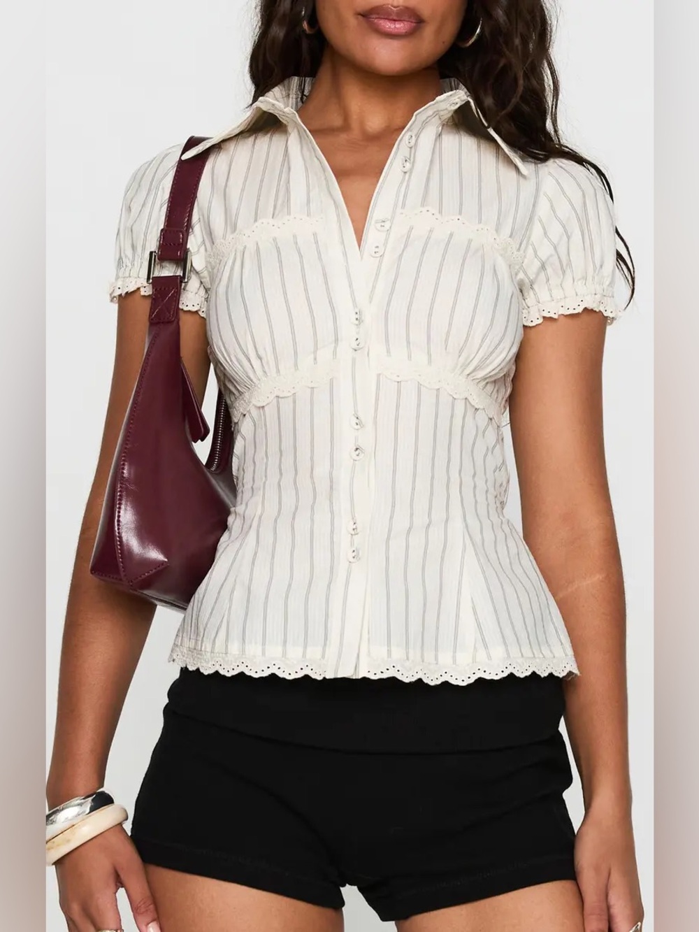 Princess Polly Cream Striped Button-Up Lace Trim Blouse